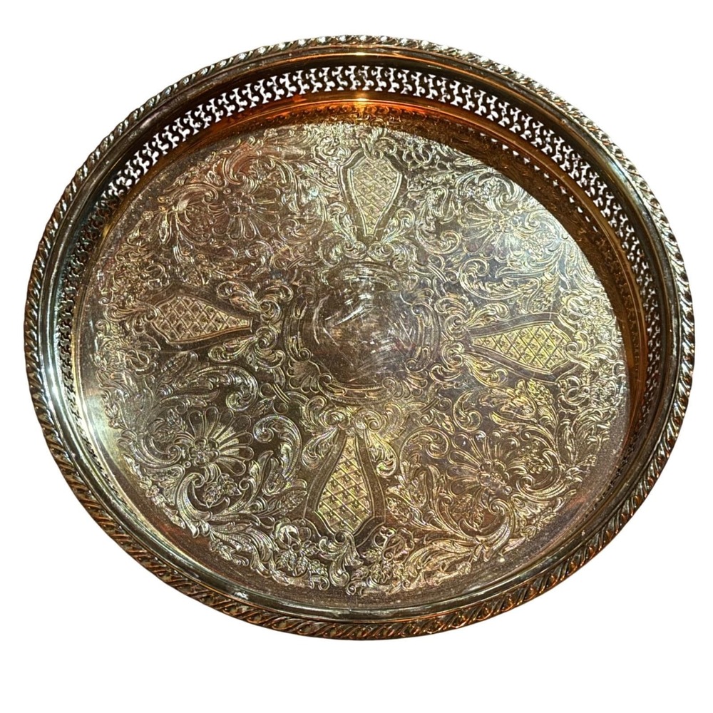 Vintage Wm A Rogers Silverplate 15" Round Footed Serving Tray Ornate Pierced Rim